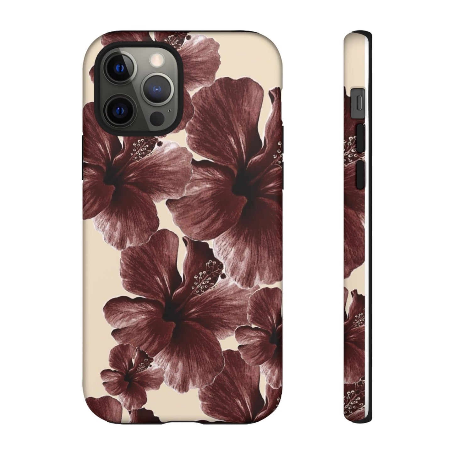 Hibiscus Floral Tough Phone Case — Maroon Vintage Flower Protective Cover