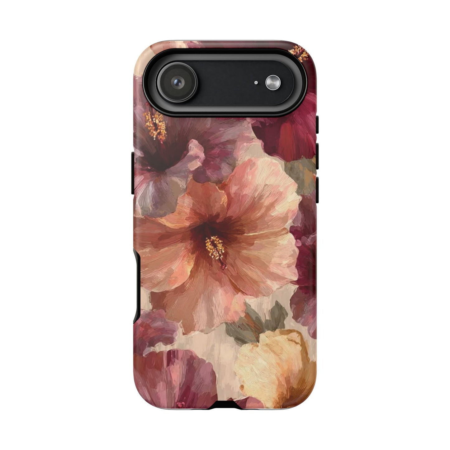 Floral Watercolor Phone Case — Burgundy & Peach Hibiscus Protective Cover