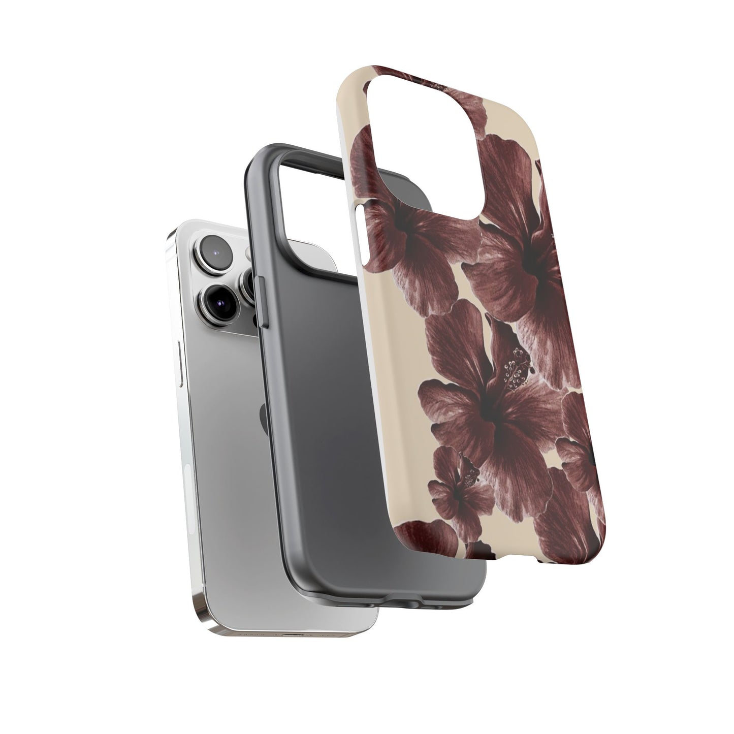 Hibiscus Floral Tough Phone Case — Maroon Vintage Flower Protective Cover