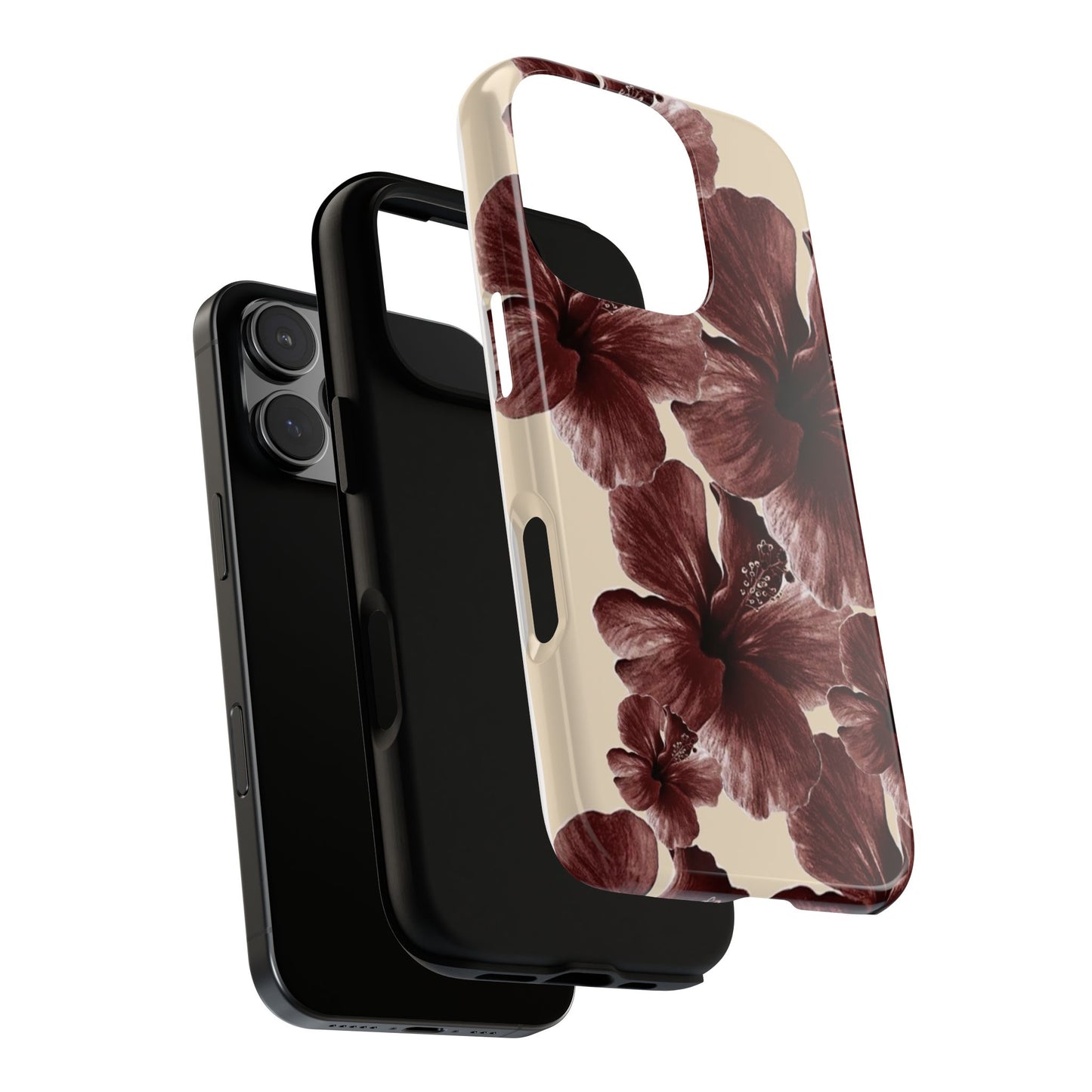 Hibiscus Floral Tough Phone Case — Maroon Vintage Flower Protective Cover