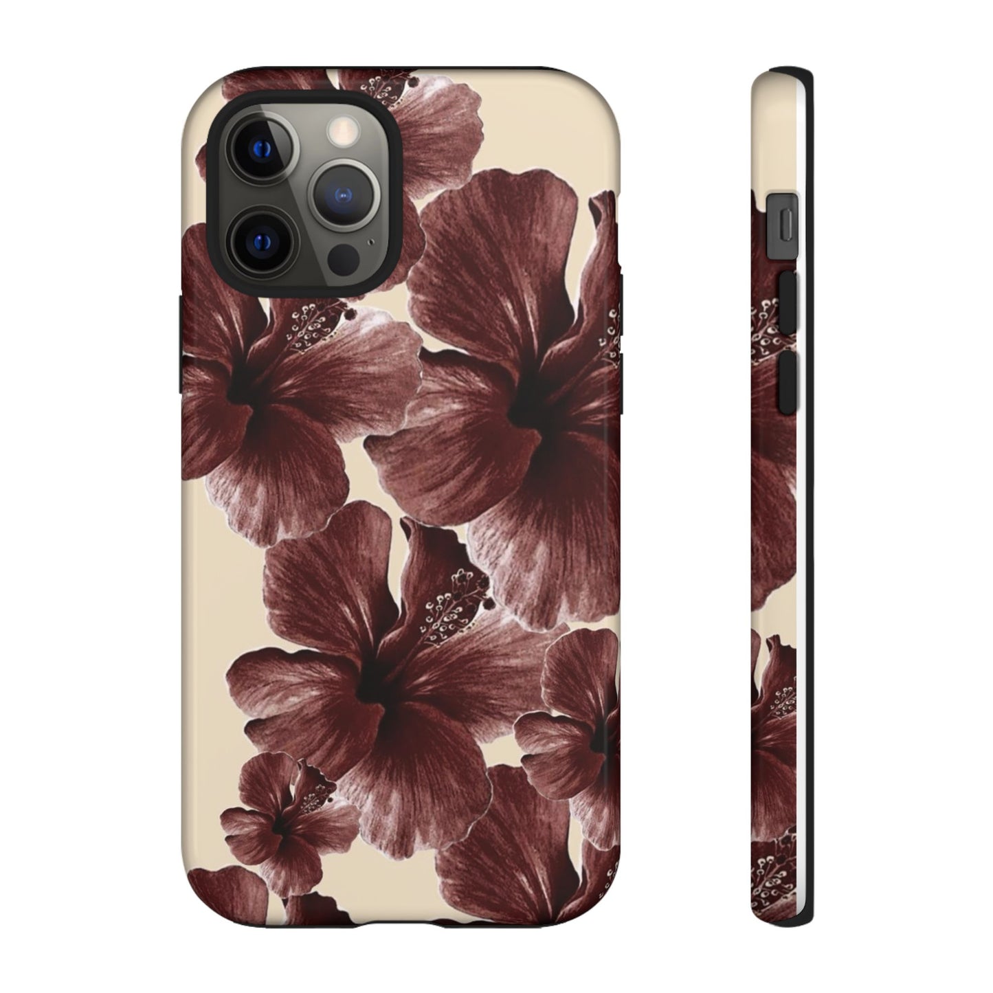 Hibiscus Floral Tough Phone Case — Maroon Vintage Flower Protective Cover