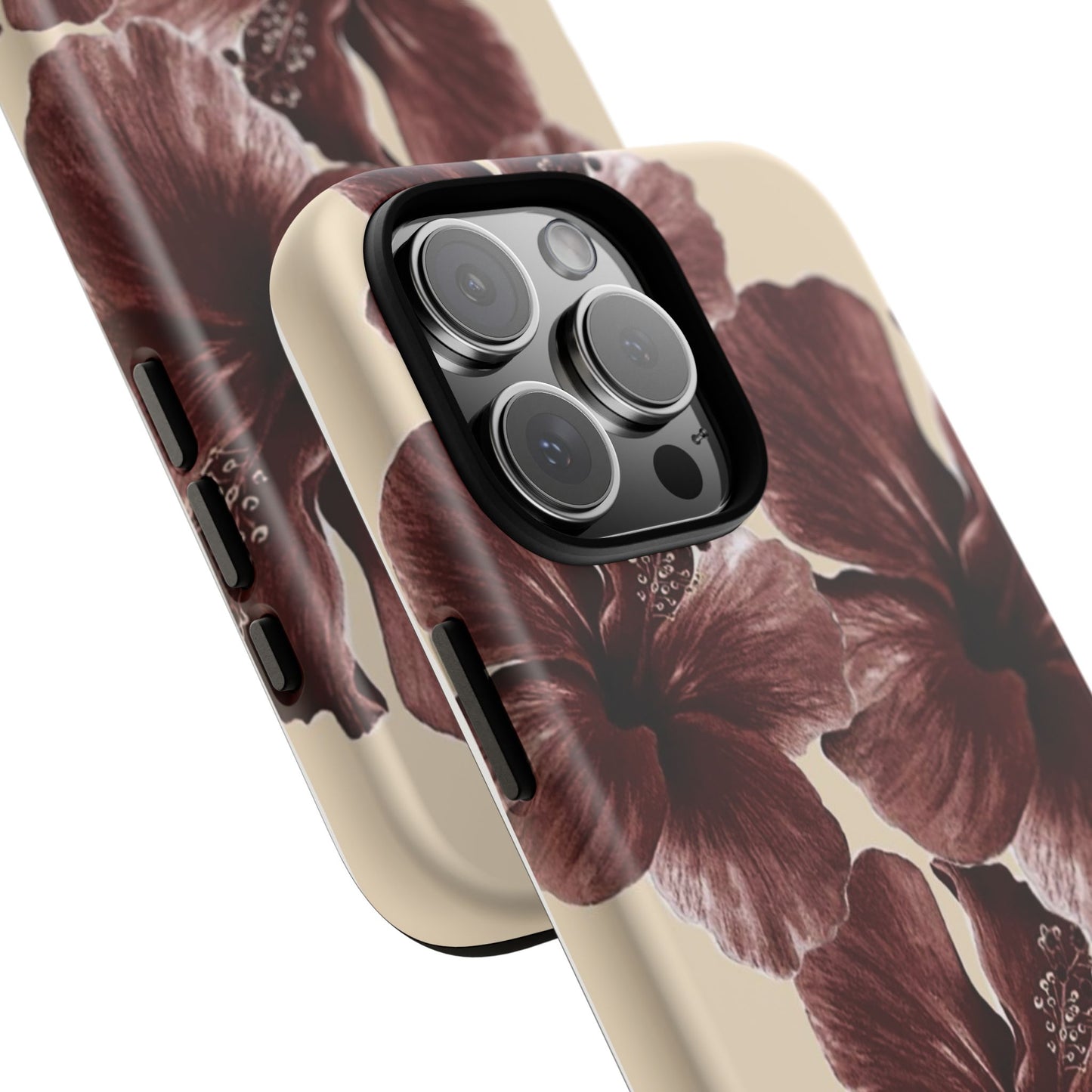 Hibiscus Floral Tough Phone Case — Maroon Vintage Flower Protective Cover