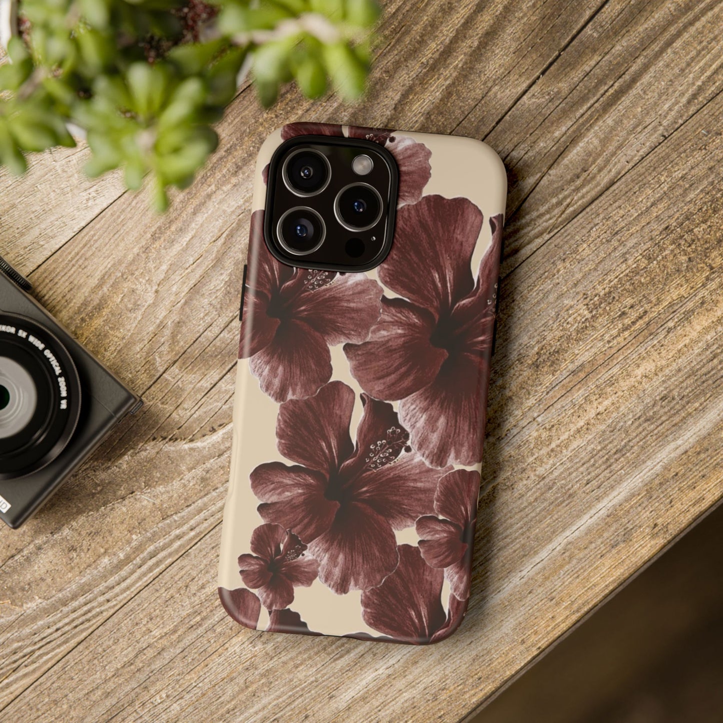 Hibiscus Floral Tough Phone Case — Maroon Vintage Flower Protective Cover