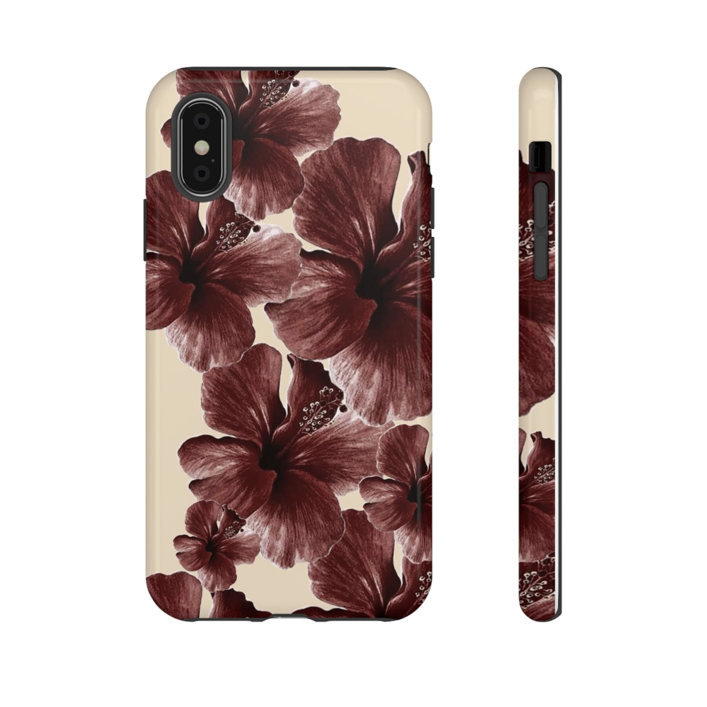 Hibiscus Floral Tough Phone Case — Maroon Vintage Flower Protective Cover